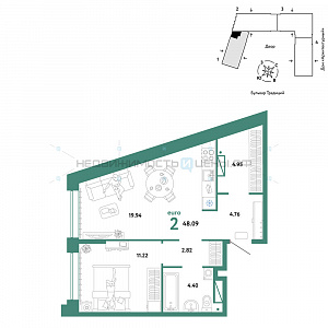 2 комн., 48.09м2, 8/15, Домашний, Тюмень