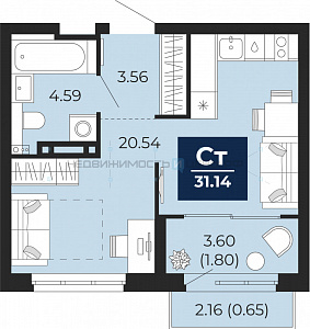 1 комн., 34.45м2, 6/21, Тюмень