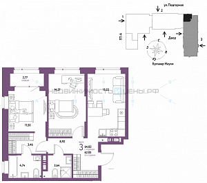 3 комн., 64.82м2, 15/16, Авторский, Тюмень