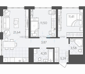 2 комн., 61.74м2, 4/24, Скандиа. Квартал в Слободе, Тюмень