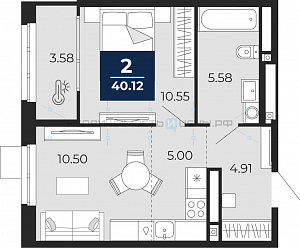 2 комн., 40.12м2, 13/16, Тюмень