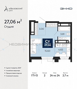 1 комн., 27.06м2, 24/24, Айвазовский City, Тюмень