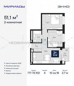2 комн., 51.1м2, 10/16, Мириады, Тюмень