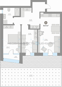 2 комн., 63.9м2, 1/4, Кипрея. Квартиры, Тюмень