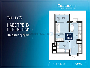 1 комн., 29.36м2, 8/23, Тюмень