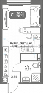 1 комн., 20.01м2, 15/20, Меридиан Слобода, Тюмень
