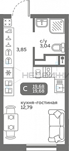 1 комн., 19.57м2, 11/20, Меридиан Слобода, Тюмень