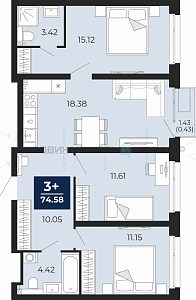 3 комн., 75.58м2, 3/14, Тюмень