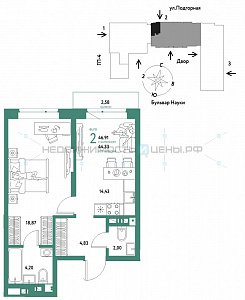 2 комн., 46.91м2, 9/16, Авторский, Тюмень