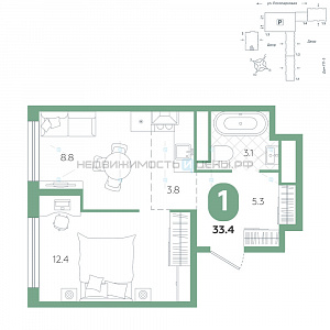1 комн., 33.4м2, 19/24, Чистые пруды, Тюмень