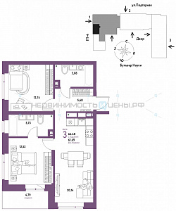 3 комн., 66.48м2, 9/16, Авторский, Тюмень