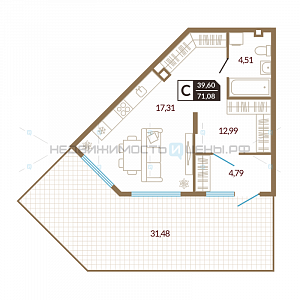 1 комн., 39.6м2, 1/4, Озерный, Тюмень