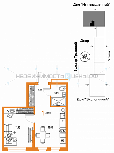 1 комн., 33.03м2, 14/15, Домашний, Тюмень