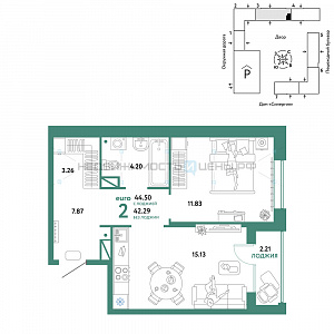 2 комн., 44.5м2, 10/16, Юнион, Тюмень