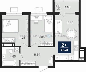 2 комн., 54.31м2, 14/17, Тюмень