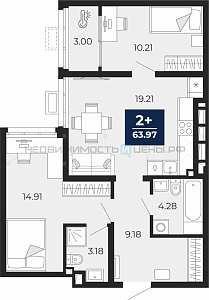 2 комн., 63.97м2, 2/24, Тюмень