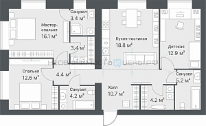 3 комн., 95.9м2, 6/14, Дружеский, Тюмень