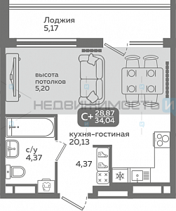 1 комн., 28.87м2, 16/21, Меридиан Слобода, Тюмень