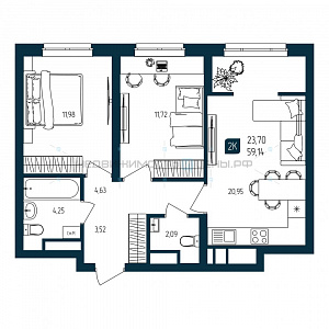 2 комн., 59.14м2, 6/25, Квартал Мятный, Тюмень