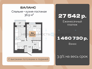 1 комн., 36.9м2, 23/23, Баланс, Тюмень