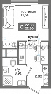 1 комн., 22.5м2, 16/21, Меридиан Слобода, Тюмень
