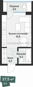 Студия, 25.24м2, 2/4, Эклипт, Тюмень
