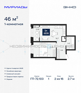 1 комн., 46м2, 2/16, Мириады, Тюмень