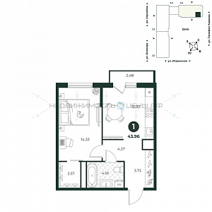 1 комн., 43.96м2, 9/18, Игрим, Тюмень