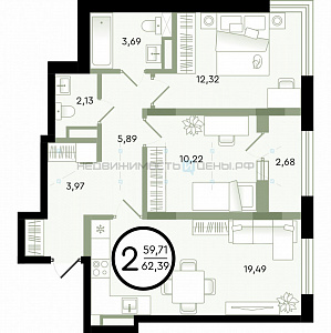 2 комн., 62.39м2, 2/4, Зеленые Аллеи, Тюмень