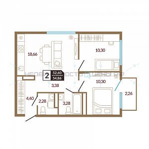 2 комн., 54.86м2, 4/4, Озерный, Тюмень