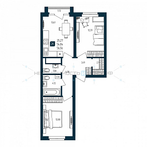 2 комн., 54.84м2, 25/25, Квартал Мятный, Тюмень