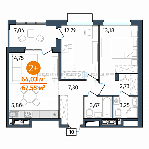 2 комн., 64.03м2, 18/25, Этика, Тюмень