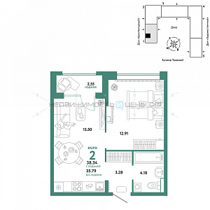 2 комн., 38.34м2, 10/15, Домашний, Тюмень
