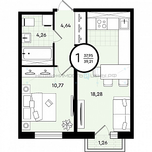 1 комн., 39.21м2, 4/4, Зеленые Аллеи, Тюмень