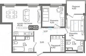 2 комн., 61.41м2, 4/21, Меридиан Слобода, Тюмень