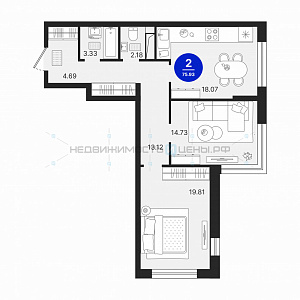 2 комн., 75.93м2, 9/23, Северное Сияние, Тюмень