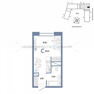 Студия, 22.01м2, 12/15, Домашний, Тюмень