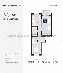 2 комн., 62.1м2, 12/16, Мириады, Тюмень