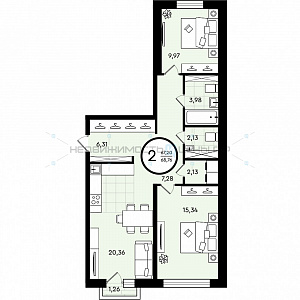 2 комн., 68.76м2, 2/4, Зеленые Аллеи, Тюмень