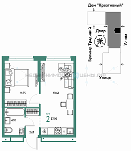 2 комн., 37м2, 13/15, Домашний, Тюмень