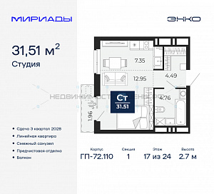 1 комн., 31.51м2, 17/24, Тюмень