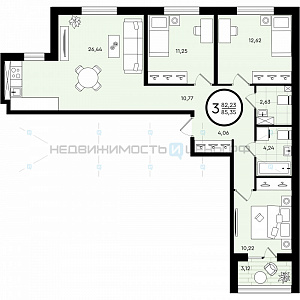 3 комн., 85.35м2, 3/4, Зеленые Аллеи, Тюмень