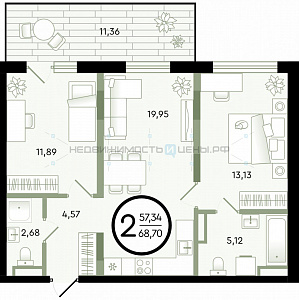 2 комн., 68.7м2, 1/4, Зеленые Аллеи, Тюмень
