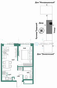2 комн., 34.77м2, 6/15, Домашний, Тюмень