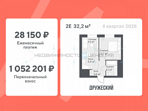 1 комн., 32.2м2, 14/14, Дружеский, Тюмень