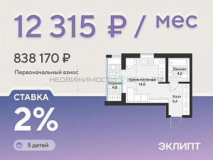 Студия, 26.8м2, 3/4, Эклипт, Тюмень