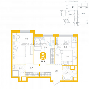 2 комн., 56.8м2, 2/24, Чистые пруды, Тюмень