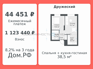 2 комн., 38.5м2, 14/14, Дружеский, Тюмень
