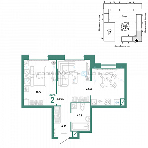 2 комн., 43.94м2, 6/16, Юнион, Тюмень