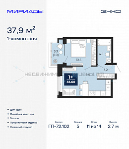 1 комн., 37.9м2, 11/14, Тюмень
